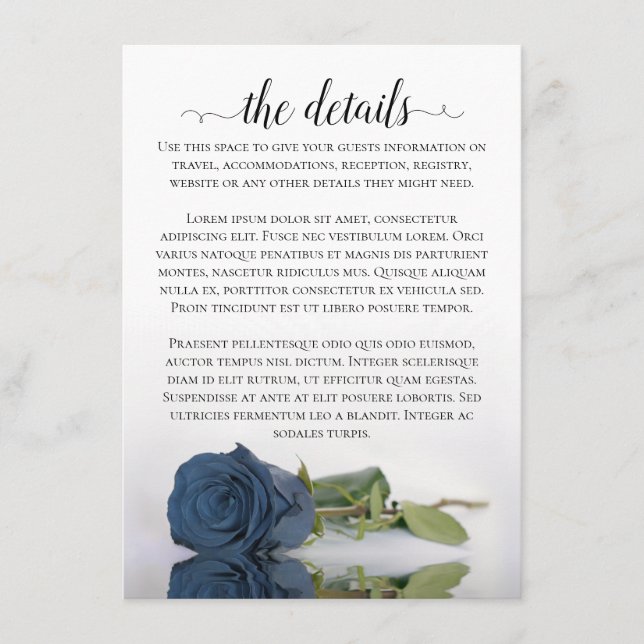 Carte D'accompagnement Elegant Dusty Steel Blue Rose Détails Mariage (Devant)