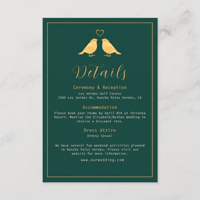 Carte D'accompagnement Élégant Emerald Green & Gold Birds Détails Mariage (Devant)
