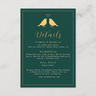 Carte D'accompagnement Élégant Emerald Green & Gold Birds Détails Mariage