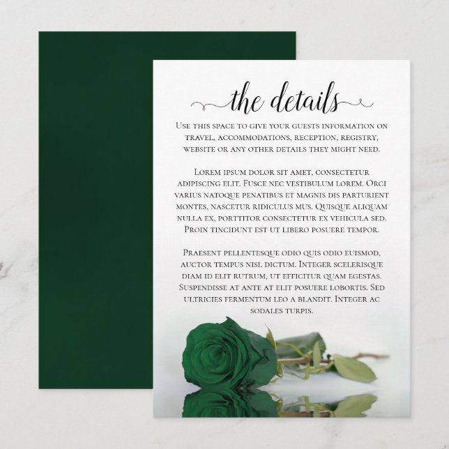 Carte D'accompagnement Élégant Emerald Green Rose Détails du Mariage (Devant / Derrière)