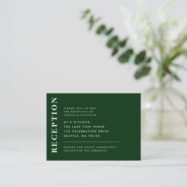 Carte D'accompagnement Elégant Emerald Green Simple Mariage Réception (Debout devant)