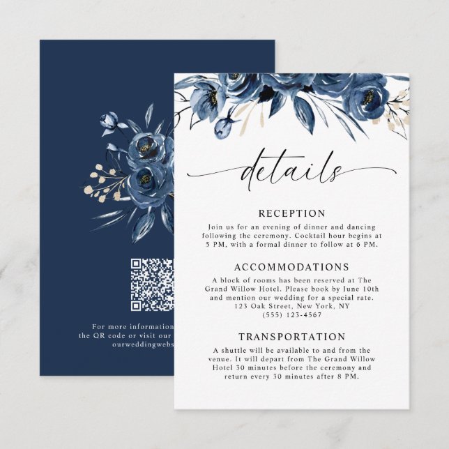 Carte D'accompagnement Élégant et Classe Fleurs Bleu Marine Mariage Code  (Devant / Derrière)
