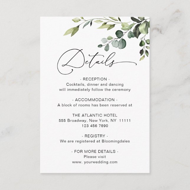 Carte D'accompagnement Elegant Eucalyptus Aquarelle Détails du Mariage (Devant)