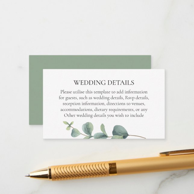 Carte D'accompagnement Elegant Eucalyptus Détails Mariage (Devant/Arrière en situation)
