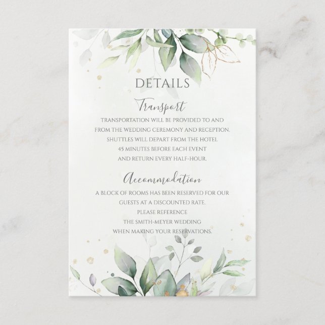 Carte D'accompagnement Elégant Eucalyptus Feuille Mariage or vert (Devant)