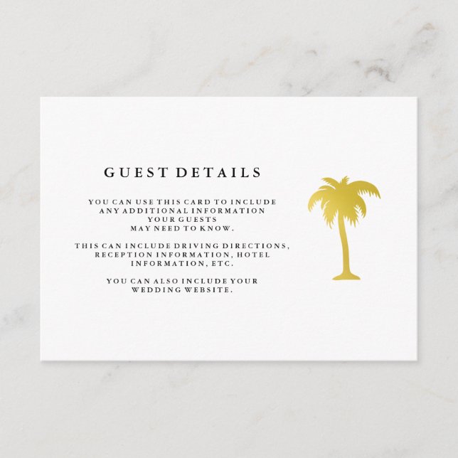 Carte D'accompagnement Elégant Faux Gold Palm Tree Mariage Détails du cli (Devant)