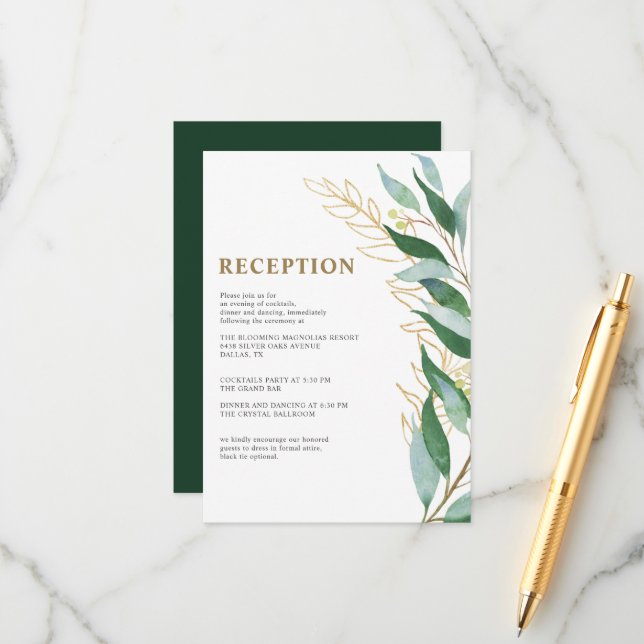 Carte D'accompagnement Elégant Feuilles d'Or Feuillage Vert Mariage Récep (Devant/Arrière en situation)