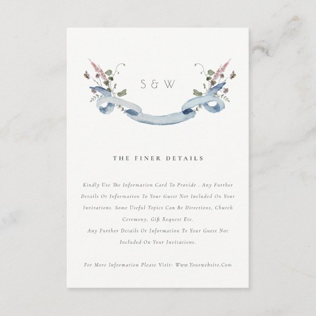 Carte D'accompagnement Elegant Fleur sauvage Mariage de ruban bleu Détail (Devant)