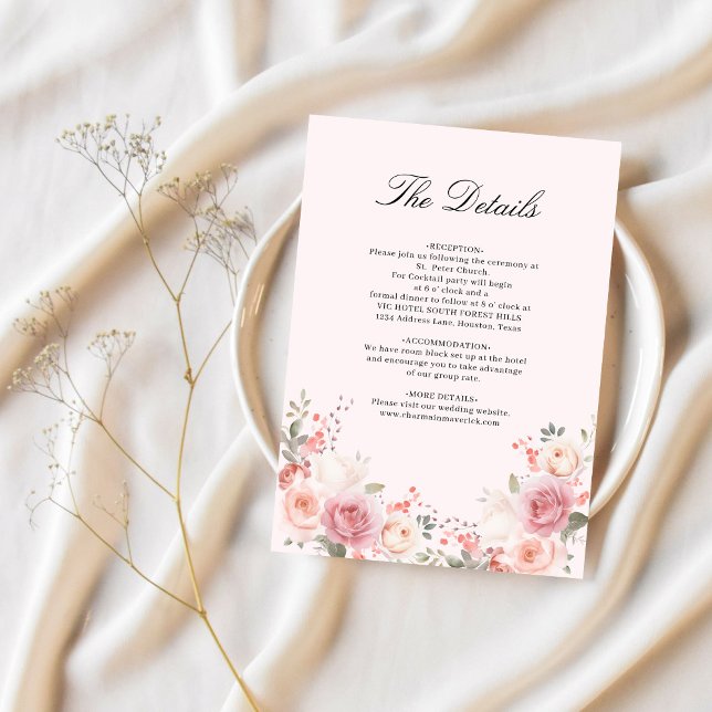 Carte D'accompagnement Elégant Floral Blush rose Mariage Détails (Créateur téléchargé)