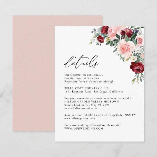 Carte D'accompagnement Elégant Floral Bourgogne Blush Détails du Mariage (Devant / Derrière)