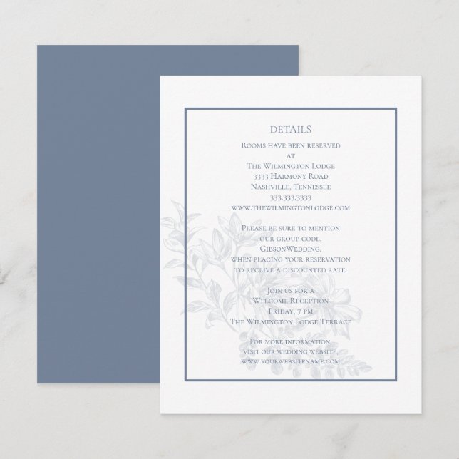Carte D'accompagnement Elégant Floral Floral Dusty Blue Détails Mariage (Devant / Derrière)