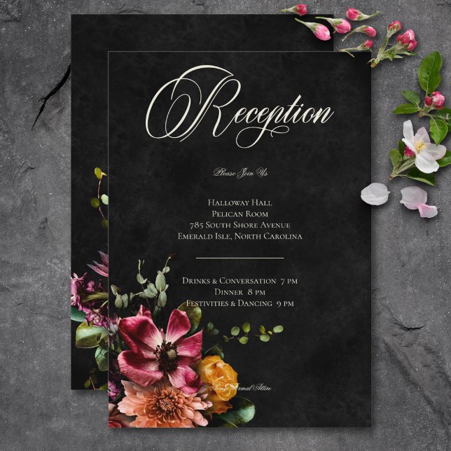 Carte D'accompagnement Elégant foncé Automne Floral Mariage Réception (Dark Elegant Autumn Floral Wedding Reception Enclosure Card)
