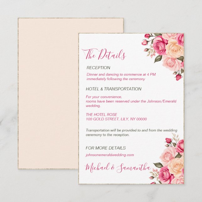 Carte D'accompagnement Élégant Fucia Rose rose et ivoire Mariage (Devant / Derrière)