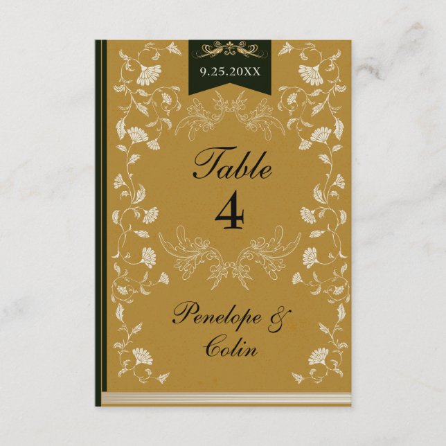 Carte D'accompagnement Elégant Gold Black Book Cover Mariage Numéro de ta (Devant)