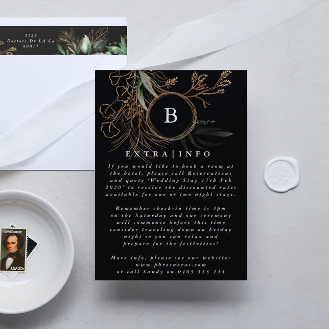 Carte D'accompagnement Elegant Gold Eucalyptus Black Détails INFO (Créateur téléchargé)