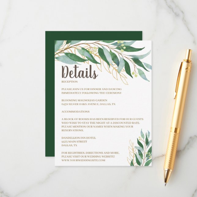 Carte D'accompagnement Elegant Gold Leaf Détails du Mariage Insérer une c (Devant/Arrière en situation)