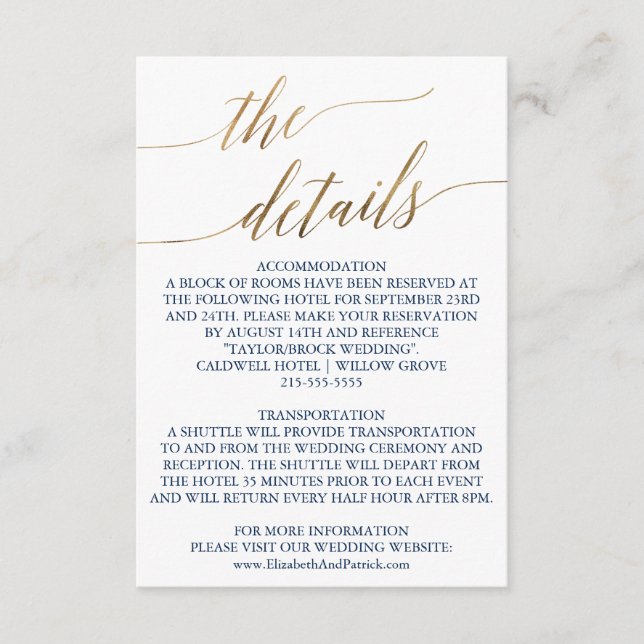 Carte D'accompagnement Elegant Gold & Navy Calligraphy Détails du Mariage (Devant)