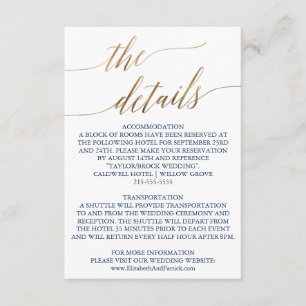 Carte D'accompagnement Elegant Gold & Navy Calligraphy Détails du Mariage