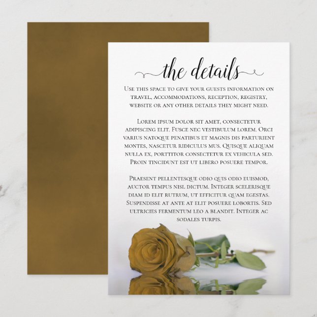 Carte D'accompagnement Elegant Gold Ochre Romantique Rose Détails Mariage (Devant / Derrière)