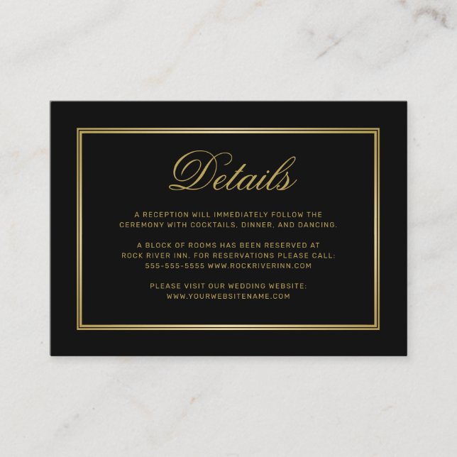 Carte D'accompagnement Elegant Gold Script Monogram Black Mariage Détails (Devant)