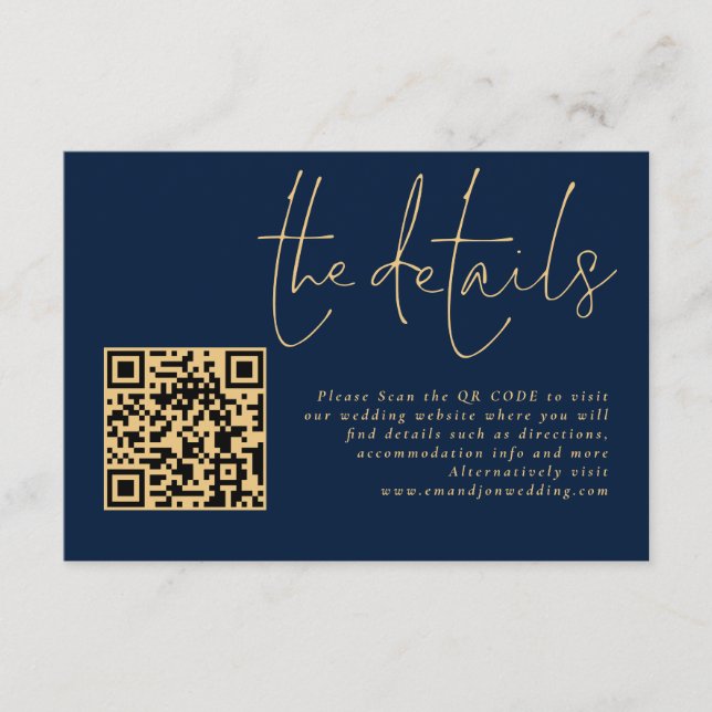 Carte D'accompagnement Elegant Gold Script Navy QR Code Détails du Mariag (Devant)