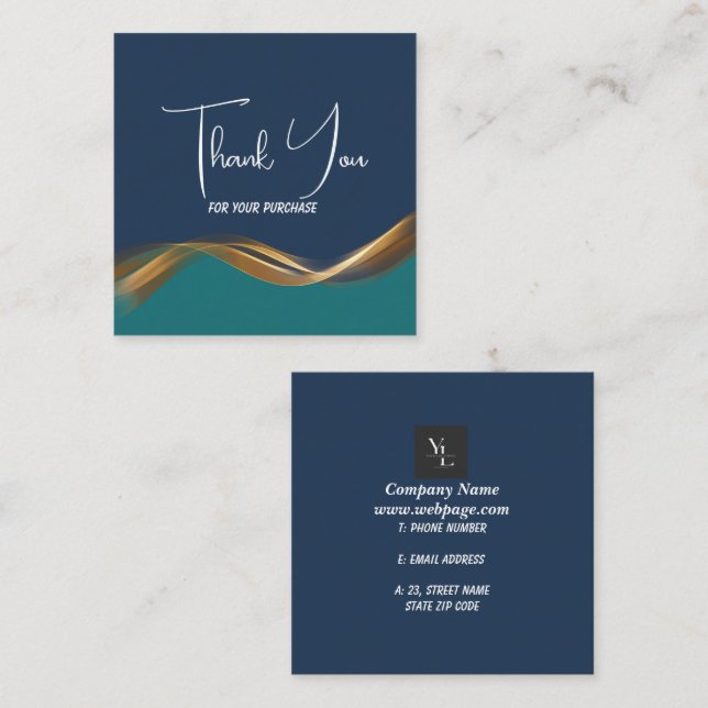 Carte D'accompagnement Elégant Gold Wave Blue & Turquoise Logo Merci (Devant / Derrière)