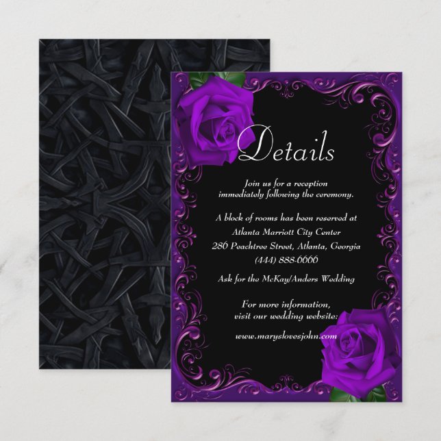 Carte D'accompagnement Elegant Goth Purple Rose Détails du Mariage (Devant / Derrière)