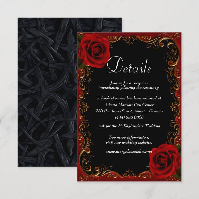 Carte D'accompagnement Elegant Goth Red Roses Détails du Mariage (Devant / Derrière)
