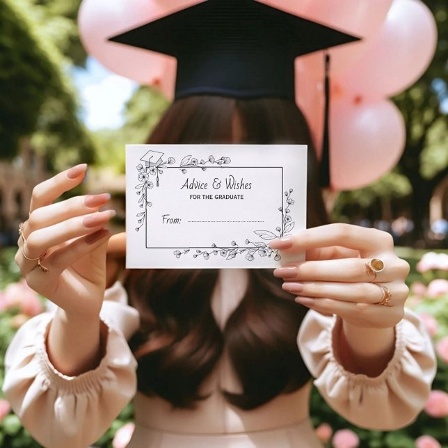 Carte D'accompagnement Elégant Graduation Bordure florale noire et blanch (Créateur téléchargé)