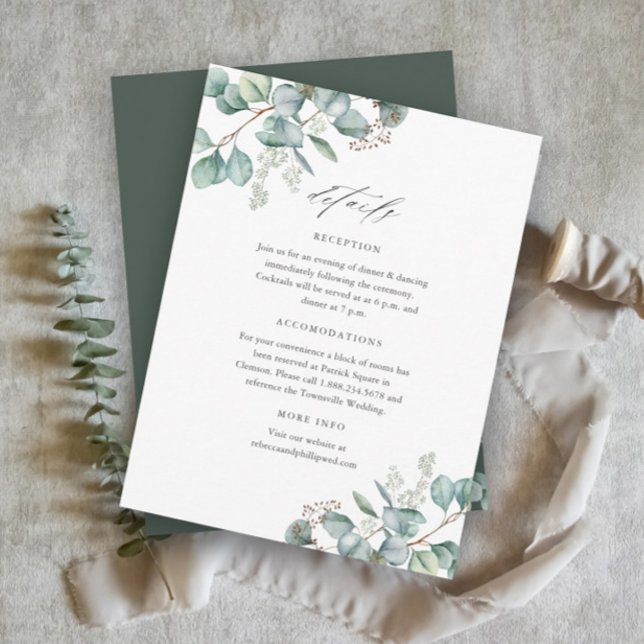 Carte D'accompagnement Elegant Green Eucalyptus Détails Mariage (Elegant Eucalyptus Greenery Wedding Details Enclosure Cards.)
