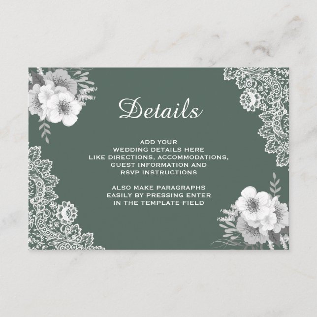 Carte D'accompagnement Elegant Green Floral dentelle Détails du Mariage (Devant)