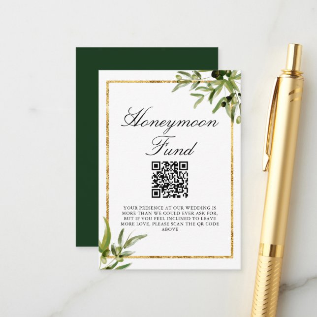 Carte D'accompagnement Elégant Green Leaf Mariage Honeymoon Fund (Devant/Arrière en situation)