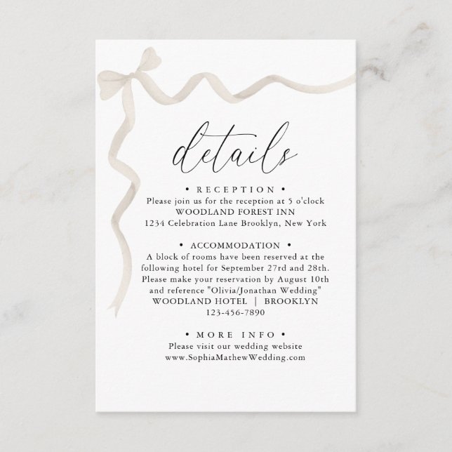 Carte D'accompagnement Elégant ivoire Beige Bow Monogramme Mariage Détail (Devant)