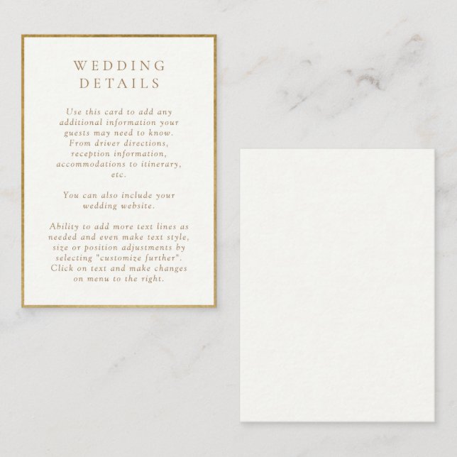Carte D'accompagnement Elegant ivoire et or Aquarelle Mariage Détails (Devant / Derrière)