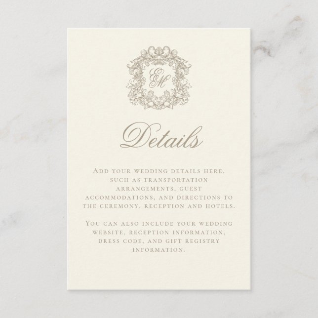 Carte D'accompagnement Elegant Ivory Monogram Crest Wedding Details (Devant)