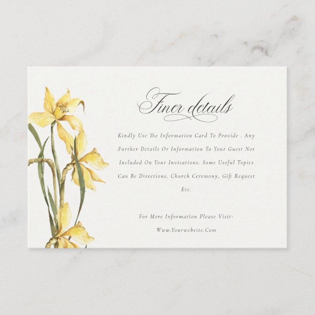 Carte D'accompagnement Elegant Jaune Daffodil Aquarelle Détails du Mariag (Devant)