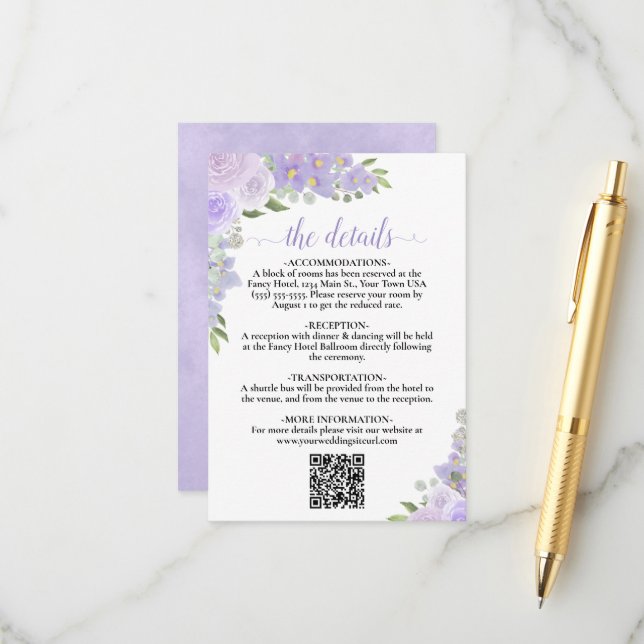 Carte D'accompagnement Elegant Lavender Floral Mariage Détails QR Code (Devant/Arrière en situation)