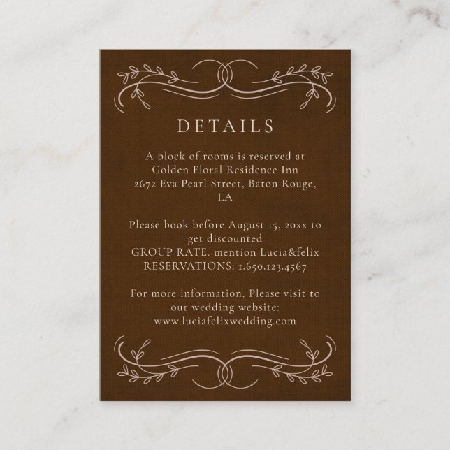 Carte D'accompagnement Elegant Linen Espresso Brown Détails du Mariage (Devant)