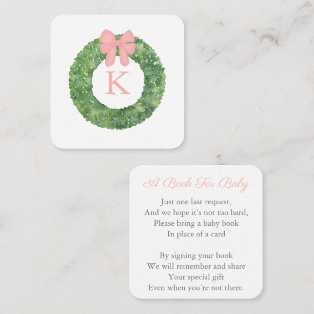 Carte D'accompagnement Elégant Livre Baby shower Wreath Pink Bow pour béb (Devant / Derrière)