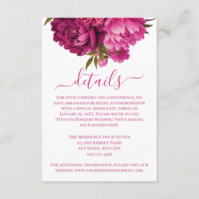 Carte D'accompagnement Elégant Magenta Peony Détails du Mariage Floral (Devant)