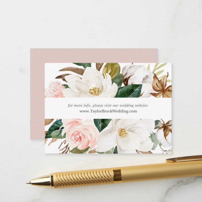 Carte D'accompagnement Élégant Magnolia | Site Mariage blanc (Devant/Arrière en situation)
