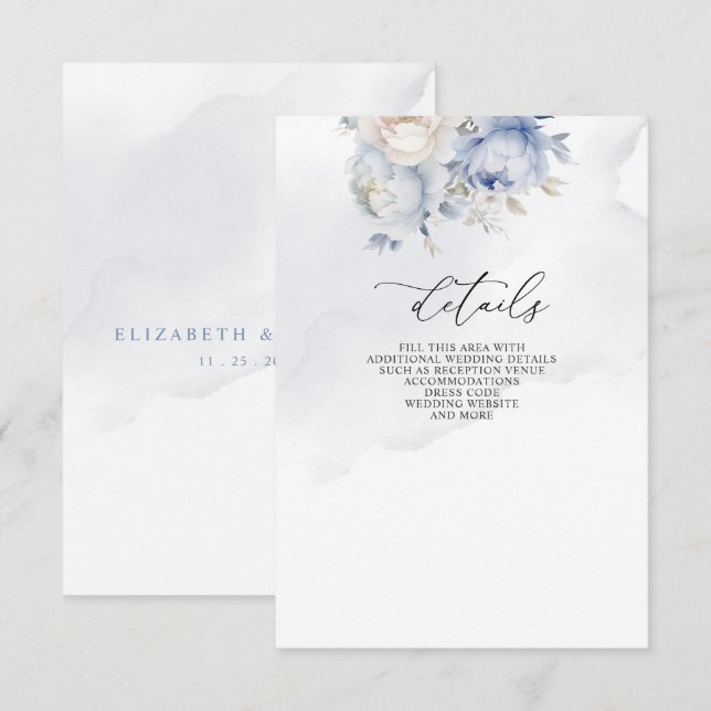 Carte D'accompagnement Élégant Mariage botanique moderne Dusty Blue Flora (Devant / Derrière)