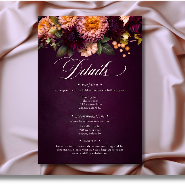 Carte D'accompagnement Élégant Mariage de script floral Moody Bourgogne (Elegant Burgundy Moody Floral Script Wedding Details Enclosure Card)