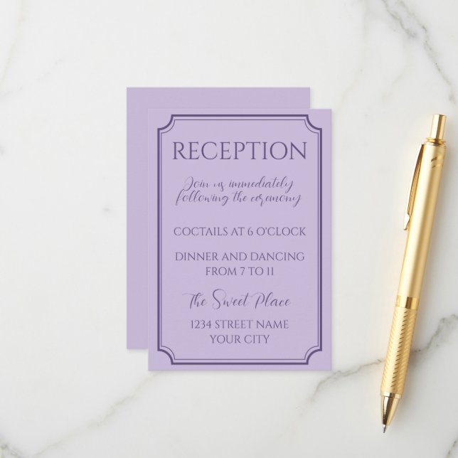 Carte D'accompagnement Élégant Mariage de script Lilac (Devant/Arrière en situation)