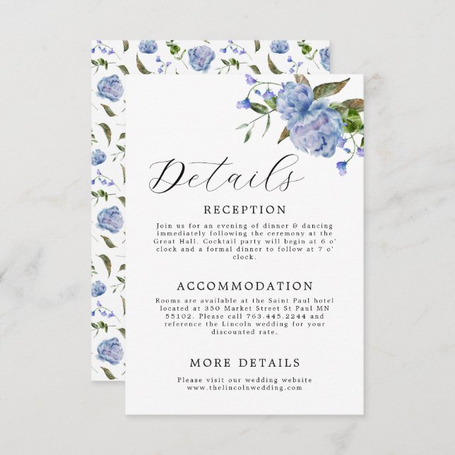 Carte D'accompagnement Élégant Mariage Floral Bleu (Devant / Derrière)