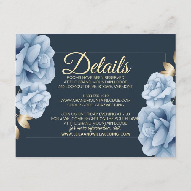 Carte D'accompagnement Élégant Mariage floral bleu nuit (Devant)