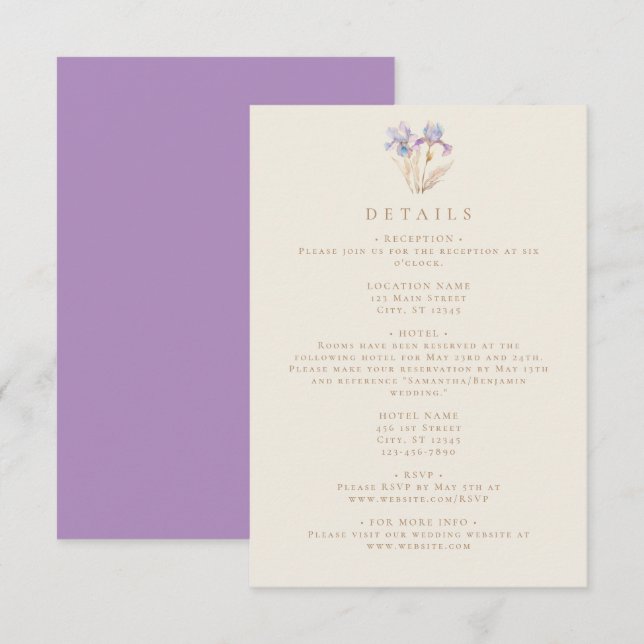 Carte D'accompagnement Élégant Mariage floral Iris (Devant / Derrière)