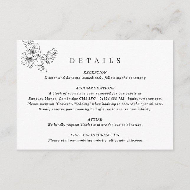 Carte D'accompagnement Élégant Mariage floral noir et blanc (Devant)