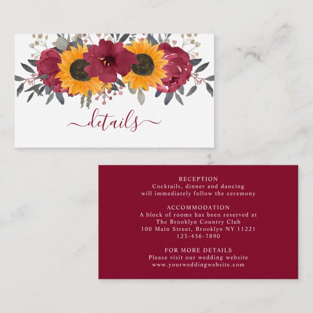 Carte D'accompagnement Élégant Mariage rustique de tournesol floral Bourg (Devant / Derrière)