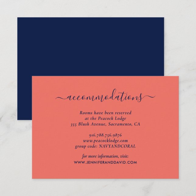 Carte D'accompagnement Elégant Marine et Coral Mariage Hôtel Hébergement (Devant / Derrière)